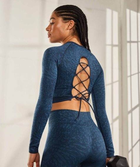 Camisa Recortada Gymshark Adapt Animal Seamless Encaje Up Back Mujer Azul Marino | MX 063JWL